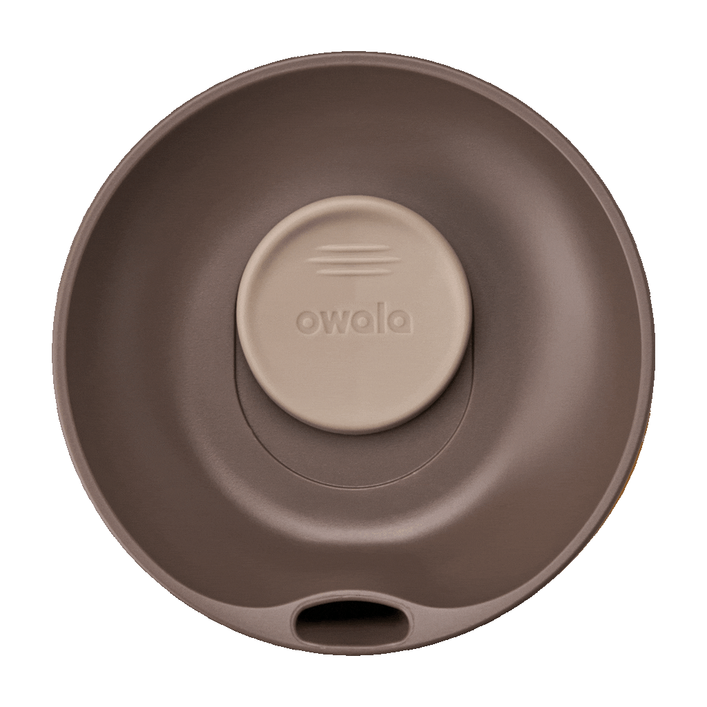 Owala SmoothSip Slider 20oz in Out of Sight, top-down lid view showing dark brown lid with tan slider button featuring owala wordmark and sip hole exposed