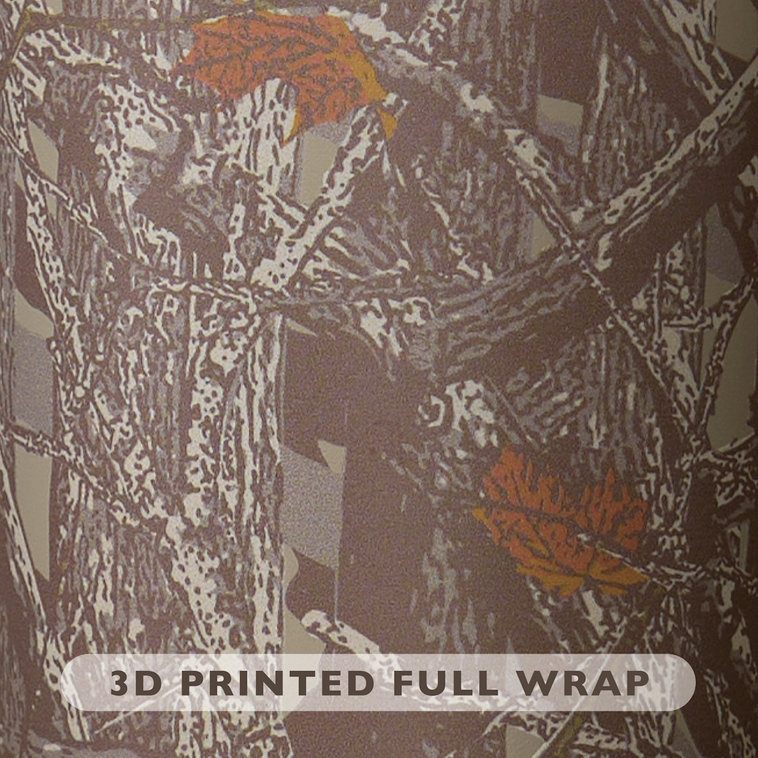 Owala SmoothSip Slider in Out of Sight, body close-up showing the full-wrap oak-leaf camouflage pattern in browns and greys